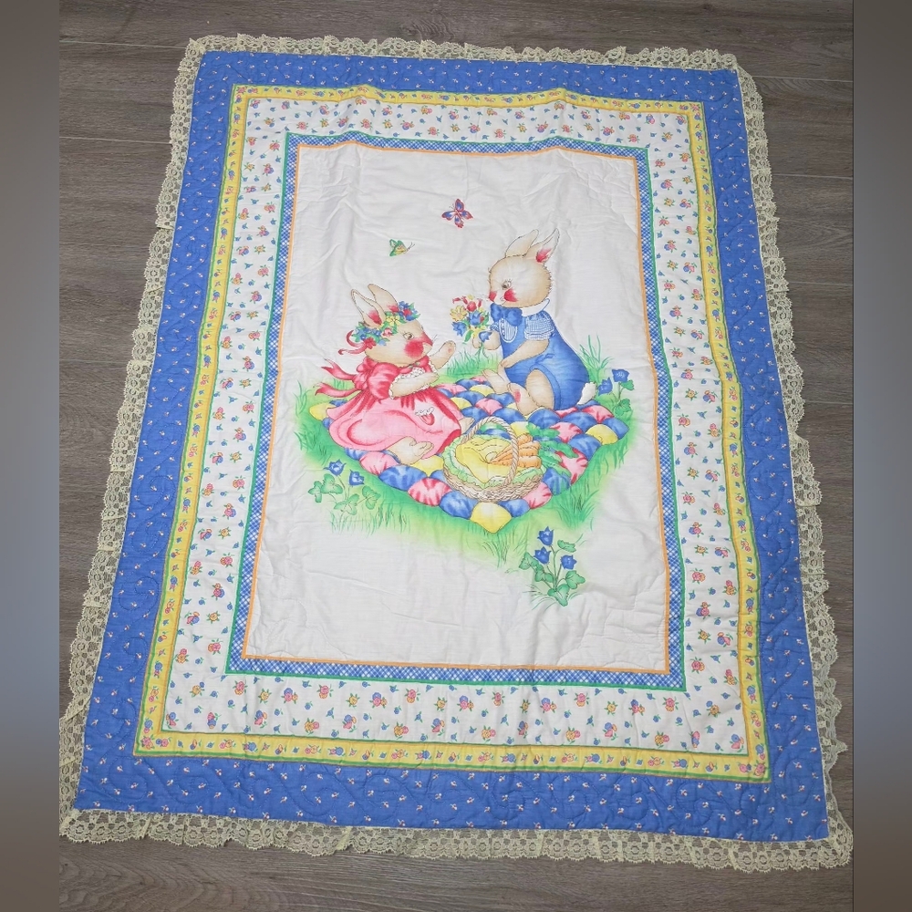 New Handmade Quilt Garden- Spring Bunny Rabbits Baby Blanket Lace Trim